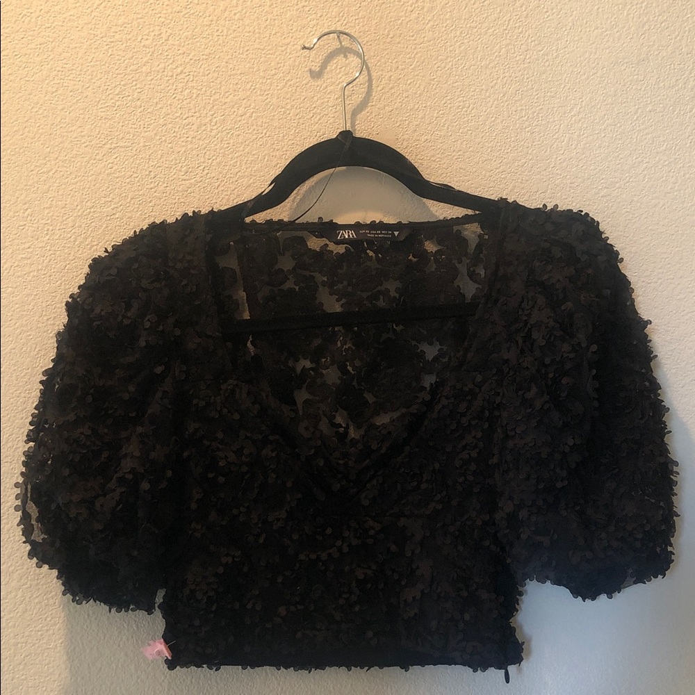 Zara Black Textured Puff-Sleeve Cropped Blouse